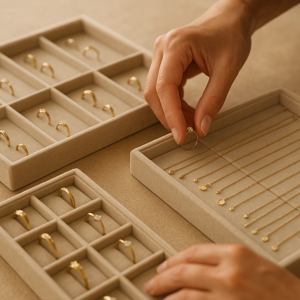 Jeweler organizing rings and necklaces in a display tray